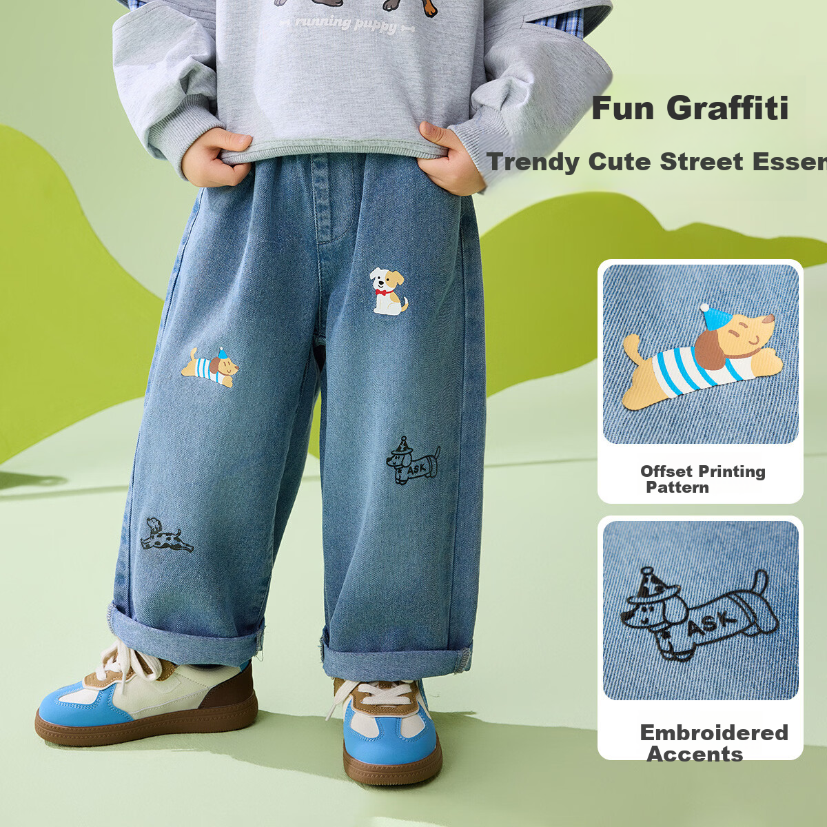 ASK JUNIOR Kids Pants 2026 Spring Toddler Boys Denim Fun Graffiti Loose Straight Casual Trousers 5