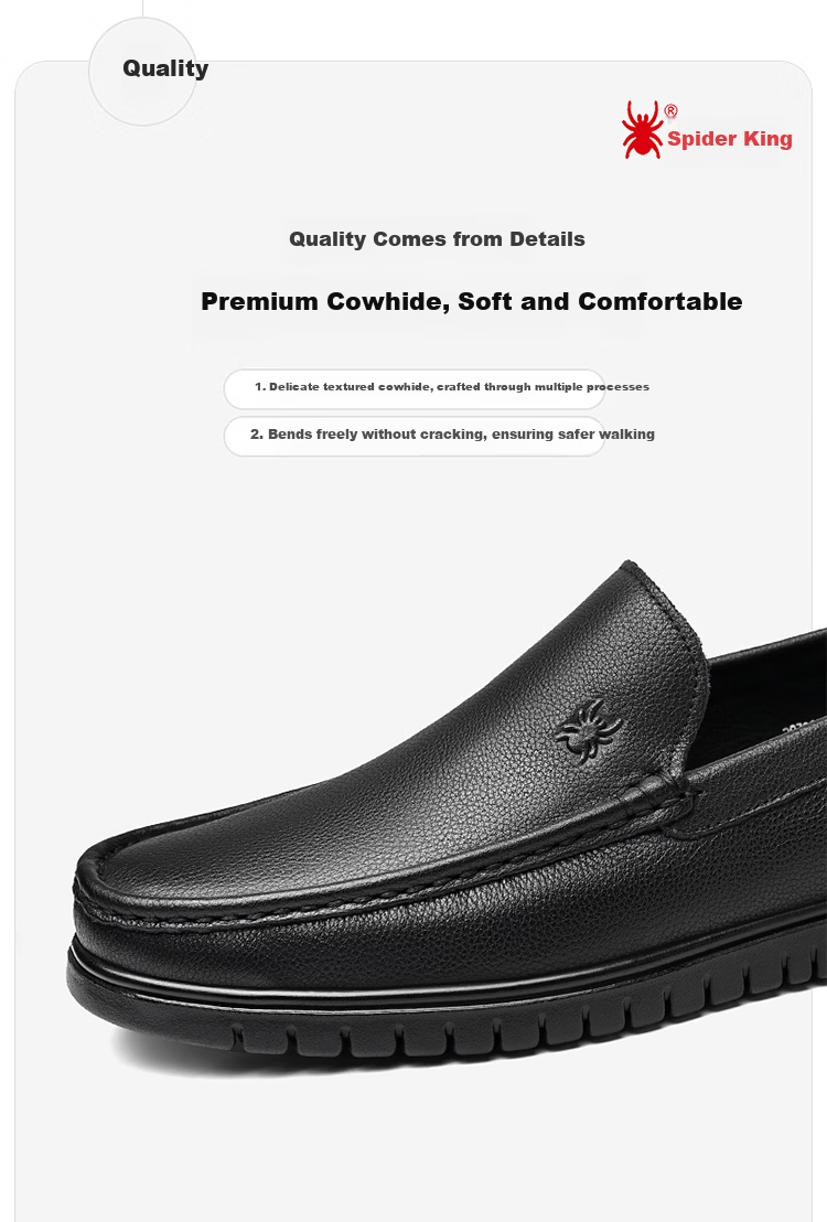 SPIDER KING Men's Shoes, Business Casual Leather Shoes, Lightweight Slip-On Loafers, Cowhide, Middle-Aged Dad Shoes, Black, Size 41 6