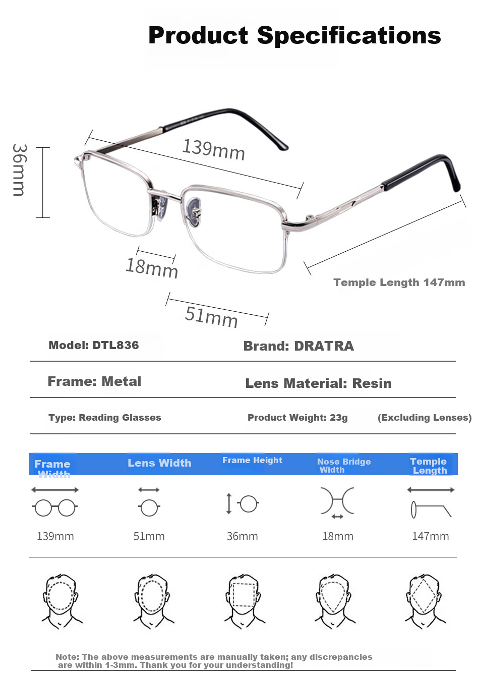 DRATRA HD Reading Glasses Resin Lenses Unisex Middle-aged and Elderly Fashion Metal Minimalist Frame Business Style 3
