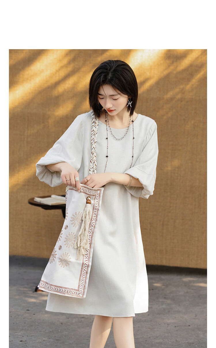 Demana [With Linen] Summer Urban Commuter Round Neck Pocket Sleeve A-Line Slim Fit Dress for Women Premium Feel 11