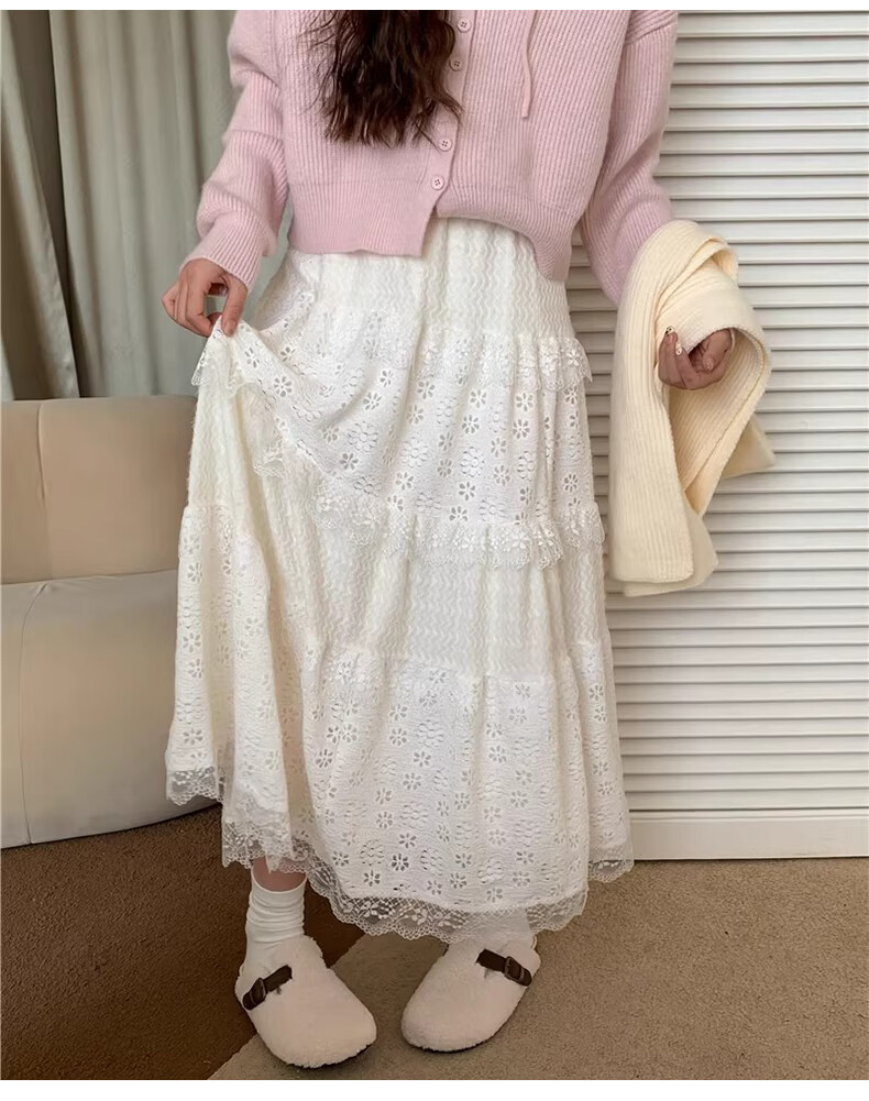 Borui Ballet Style Lace Embroidered Midi Skirt Women Design Spring Summer Cake Skirt Fairy A-Line Puff Skirt 12