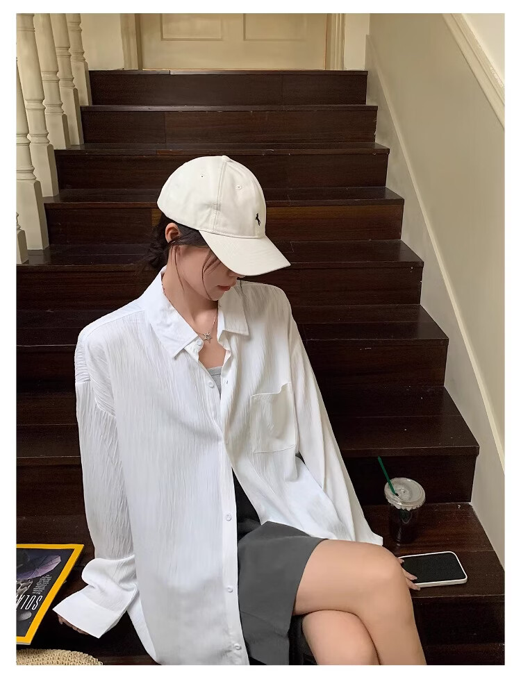 ICH MODE Textured Lazy Style Physical Sun Protection Long Sleeve Shirt Island Vacation White S 20