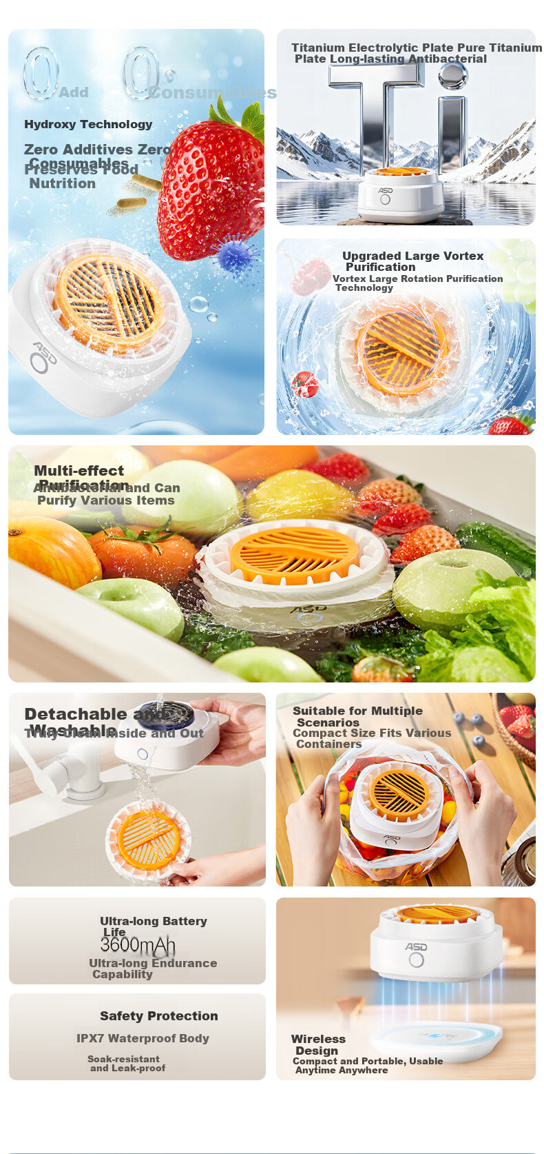 ASD Pure Titanium Fruit and Vegetable Washer, Small Purifier for Fruits, Vegetables, and Meat, Electrolytic Tablet, Long Battery Life, Wireless Charging, Pesticide Residue Removal, Heavy Metal Degrada 1