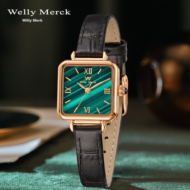 Welly Merck Women's Small Green Watch Square Minimalist Quartz Waterproof Birthday Gift for Her Qixi Festival