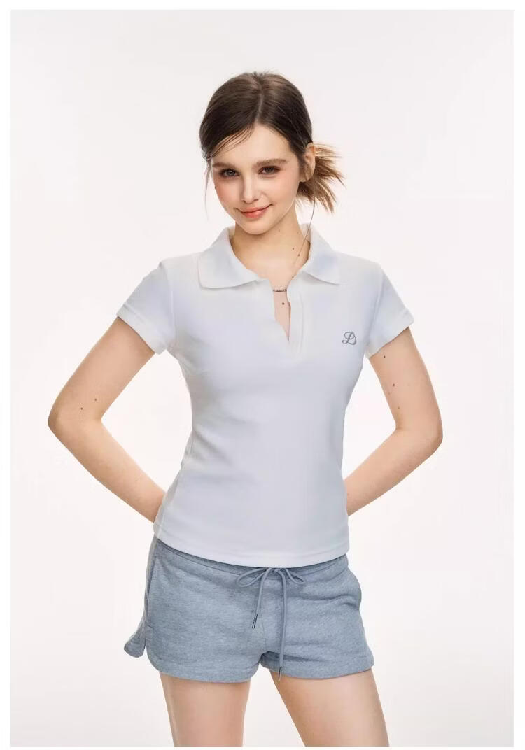 ICH MODE Vintage Polo Collar Short Sleeve T-Shirt Women 2026 Summer New Slim Fit Cropped Top White L 15
