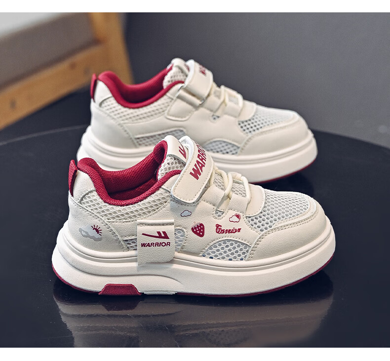 Warrior Kids Low-Top Breathable Summer Sneakers Girls Strawberry Princess Shoes Big Kids Single Mesh WZ-2095 White Pink Size 27 11