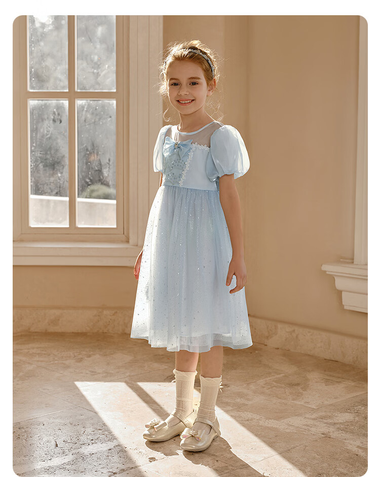 Balabala Girls' Dress Children's Dress Big Kids 2026 Summer Baby Mesh Dress Puff Sleeve Party Princess Dress 18