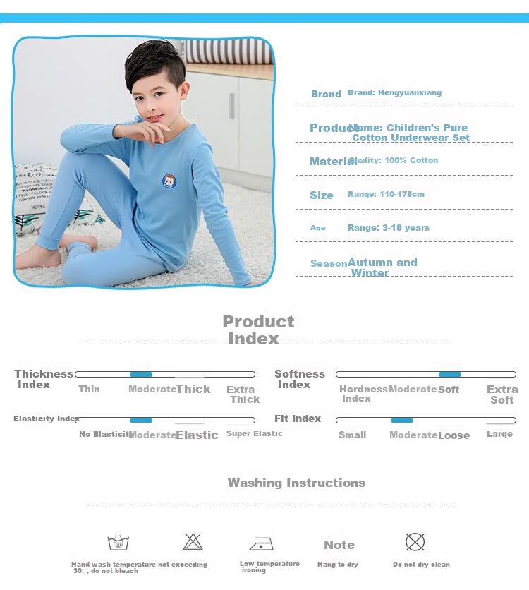 Hengyuanxiang Boys' Children's Underwear Set Youth Pure Cotton Mid-Neck Autumn Shirt and Pants Sleepwear for Boys and Students 12