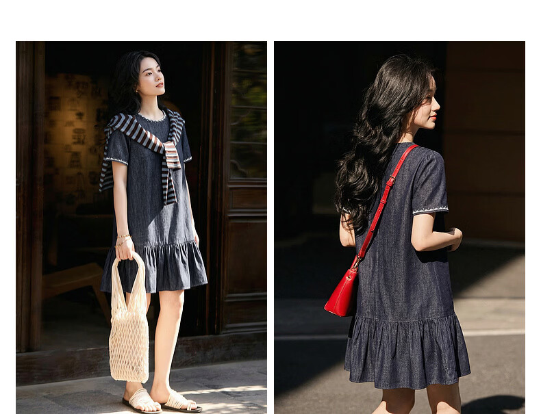 Demana [Oxygen Pure Cotton] Summer Retro College Embroidered Ruffle A-Line Denim Dress Slim Fit Mid-Length for Women 11