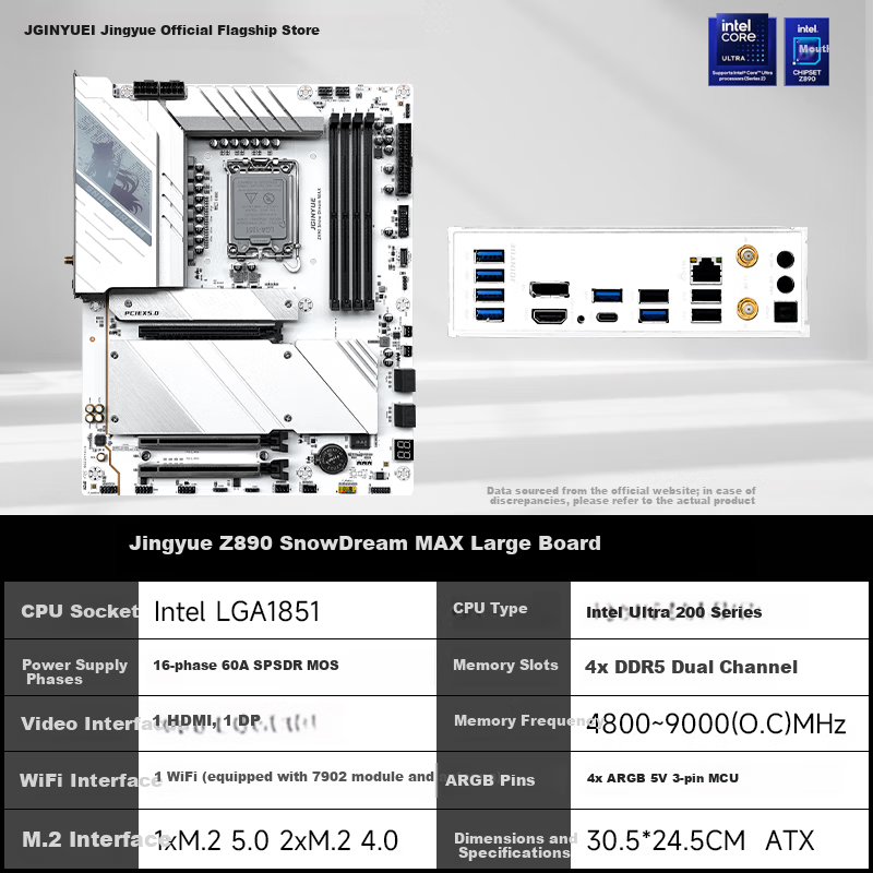 Jingyue Z890 Snow Dream MAX Motherboard DDR5 Desktop Motherboard Core Ultra7 265KF/265K/245KF (Intel Z890/LGA1851)