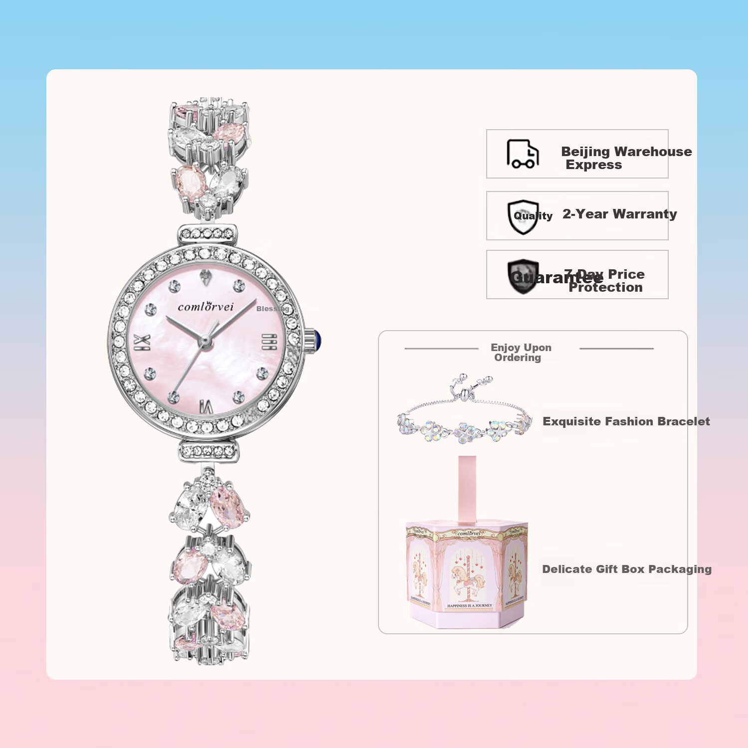 COMLORVEI Mermaid Heart-Shaped Diamond Inlaid Bracelet Watch Delicate Sweet Versatile Waterproof Quartz Fashion Ladies Student Wristwatch D692