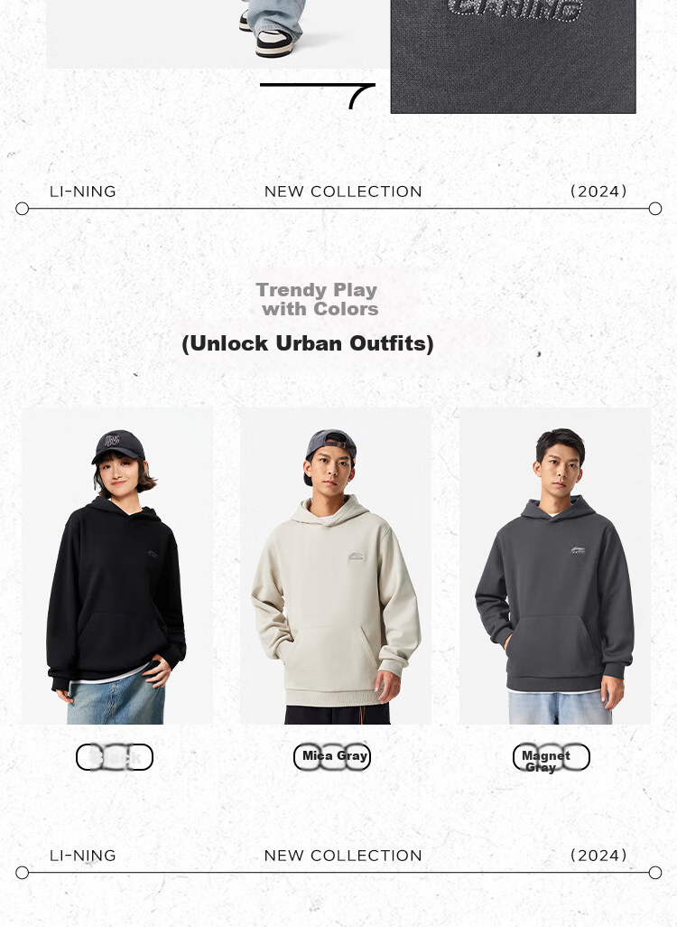 LI-NING Men's and Women's Couple Matching Fleece-Lined Warm Hoodie Loose Casual Sportswear Sweatshirt 3