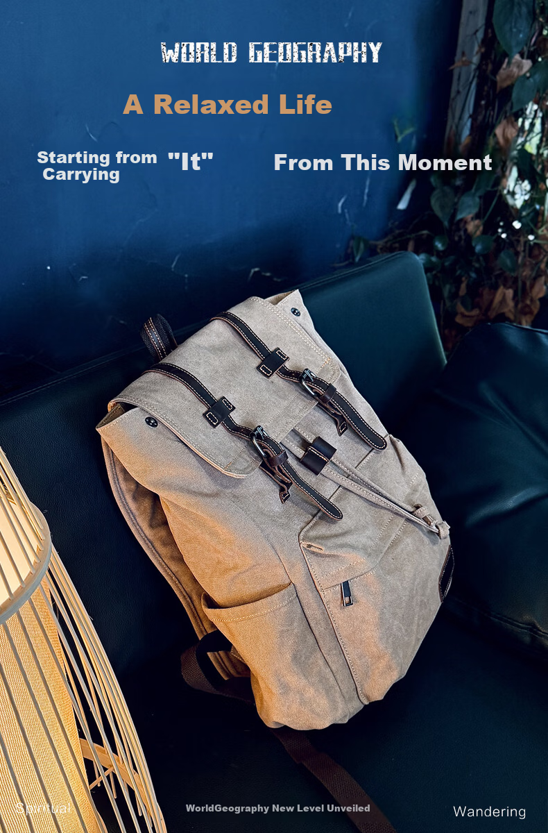 World Geography New Genuine Leather Canvas Backpack Unisex Large Capacity 15.6-inch Laptop Student School Bag Arctic Gray 1