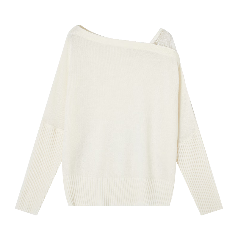 Demana Bare-Feel Lyocell Autumn Goat Cashmere Wool Spliced Lace Off-Shoulder Asymmetric Neck Knit Sweater for Women