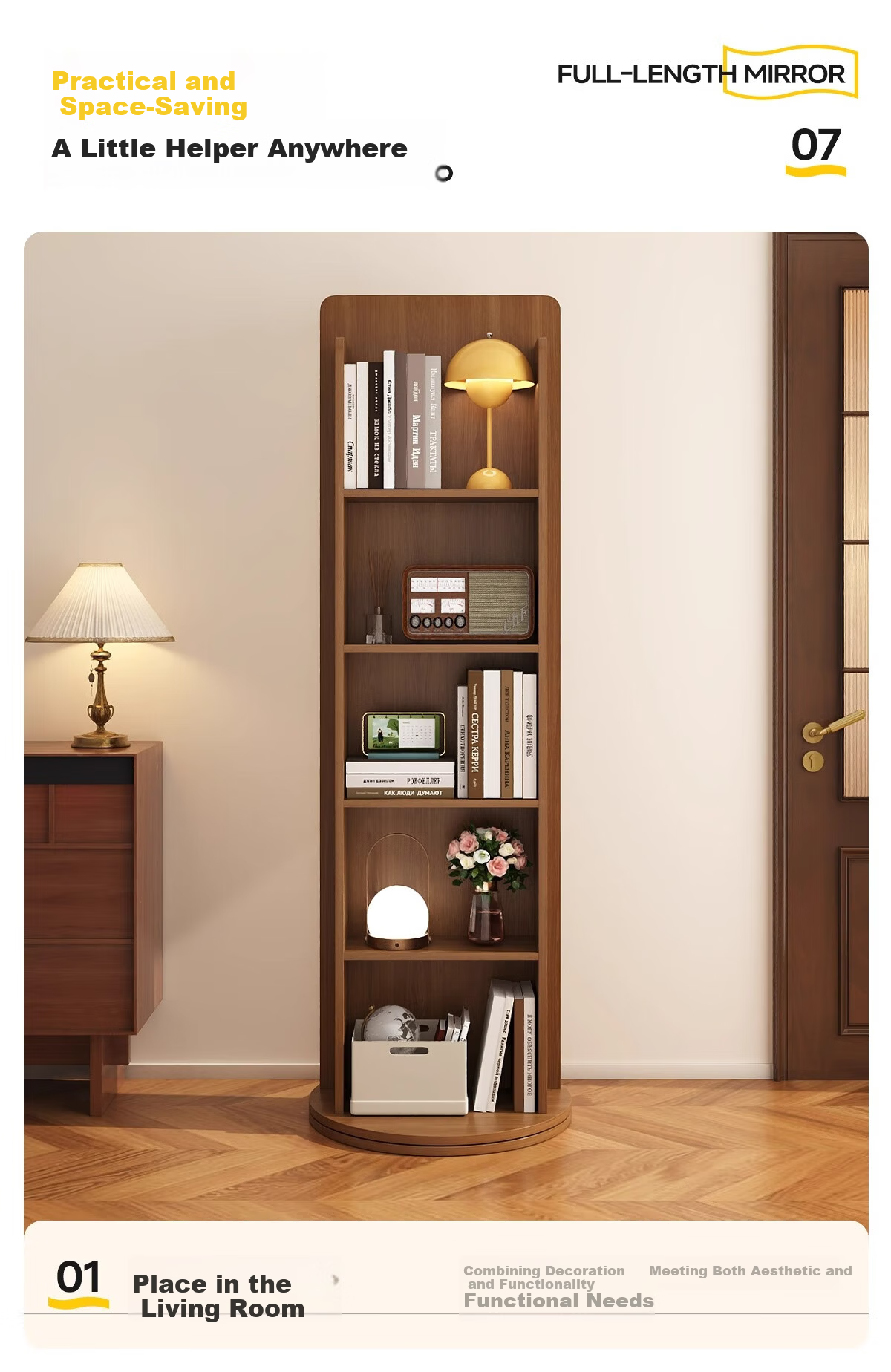 Millennium Mansion Rotating Storage Dressing Mirror Full-Length Floor Mirror with Magazine Rack Rotating Storage Fitting Mirror 165*36 White 10