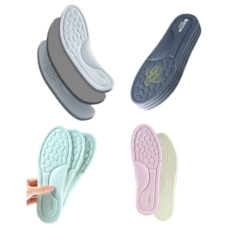 BUYUN 4 Pairs of Shoe Insoles, Odor-Resistant, Shock-Absorbing, for Women's Walking, Deodorizing, Sweat-Absorbing, Breathable, Non-Slip, Massage Leather Shoes Insoles