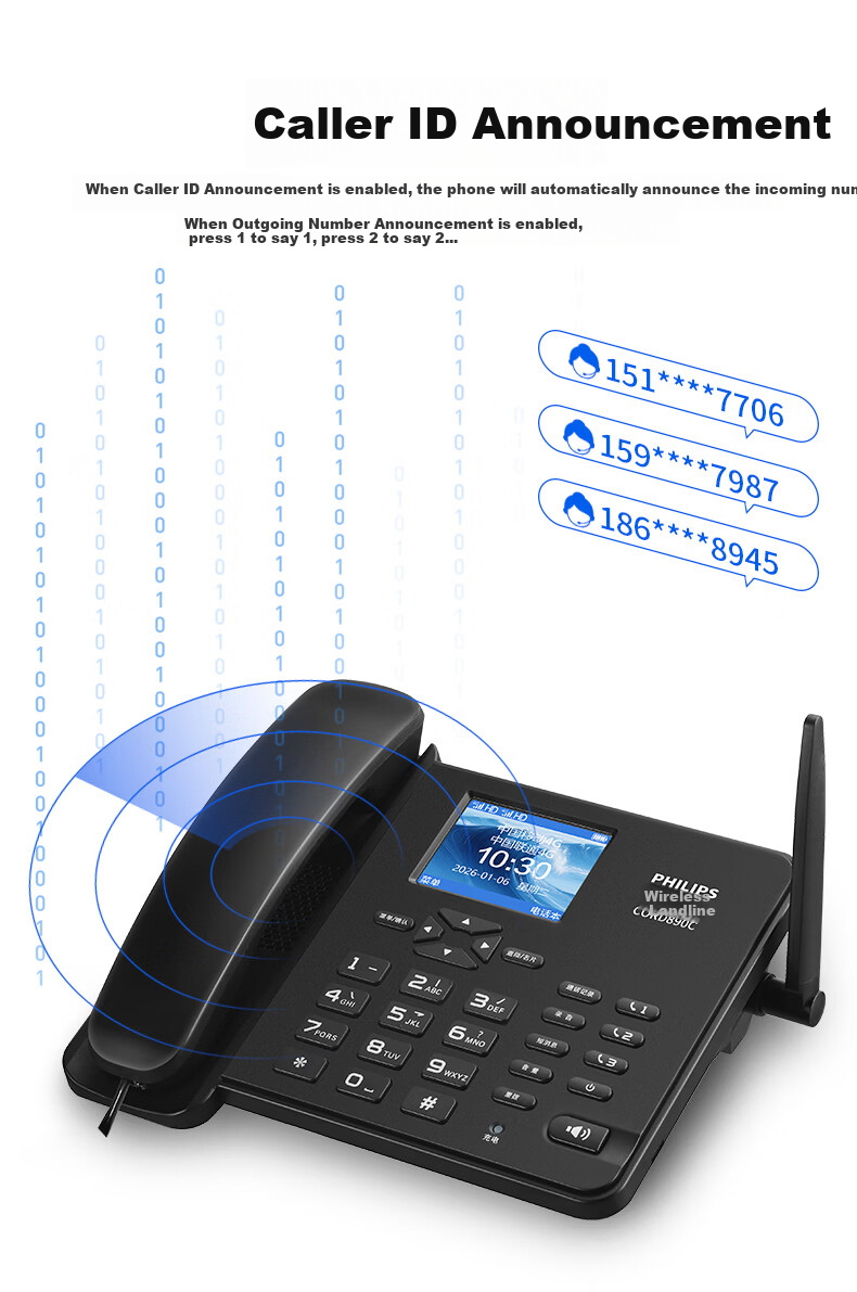 PHILIPS CORD890C All-Network SIM Card Landline Phone Wireless Home Office Fixed Phone with Chinese Menu Supports Mobile Unicom Telecom Broadcasting SIM Card Black 9