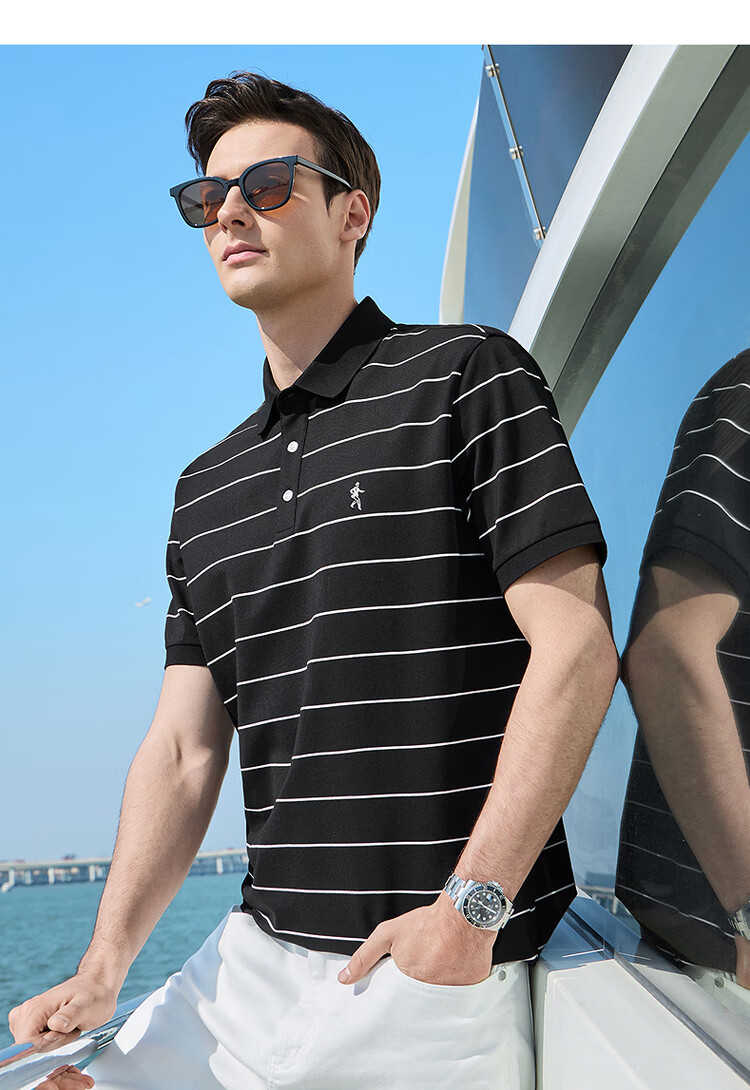 DANCING WOLVES Instant Cooling Mulberry Silk Smooth Striped Short Sleeve Polo Shirt Men's Casual Top 001 Black M 18