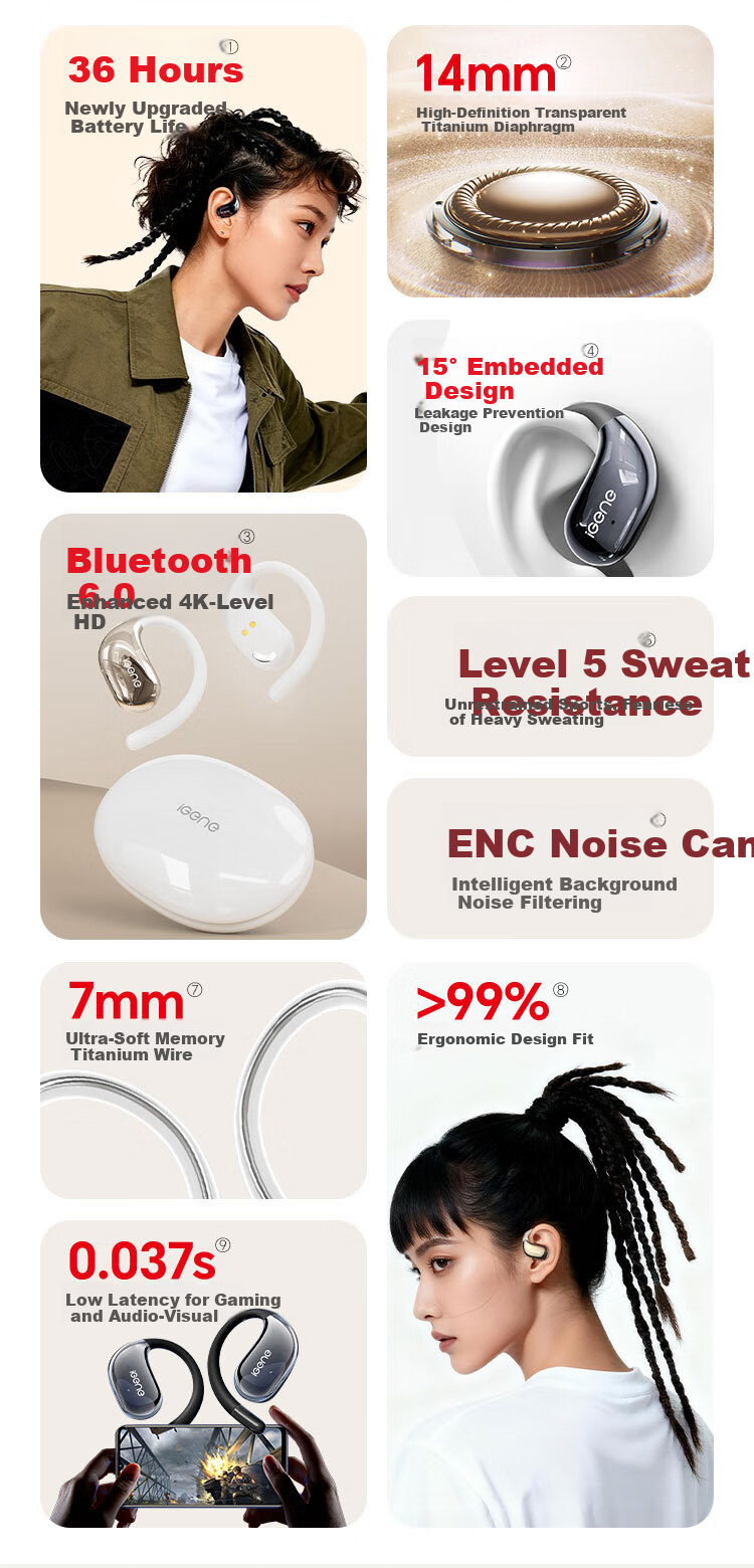 IGene 14mm Gold Label Panorama Sound 6.0 Bluetooth Earhook Bone Conduction Wireless Open-Ear Music Sports Running Headphones Compatible with Huawei Xiaomi S160 6