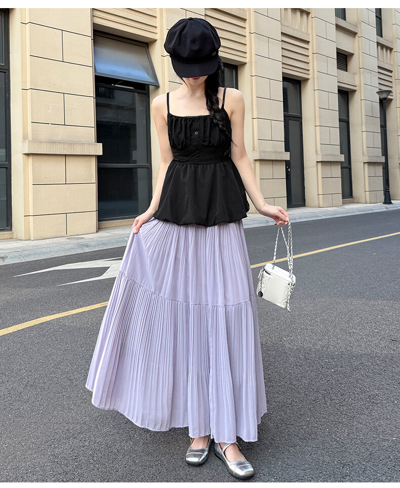 Langsha Pleated Mesh Midi Skirt for Women Spring Summer Draped Chiffon Cake Skirt High Waist Slim A-Line Flared Skirt 25