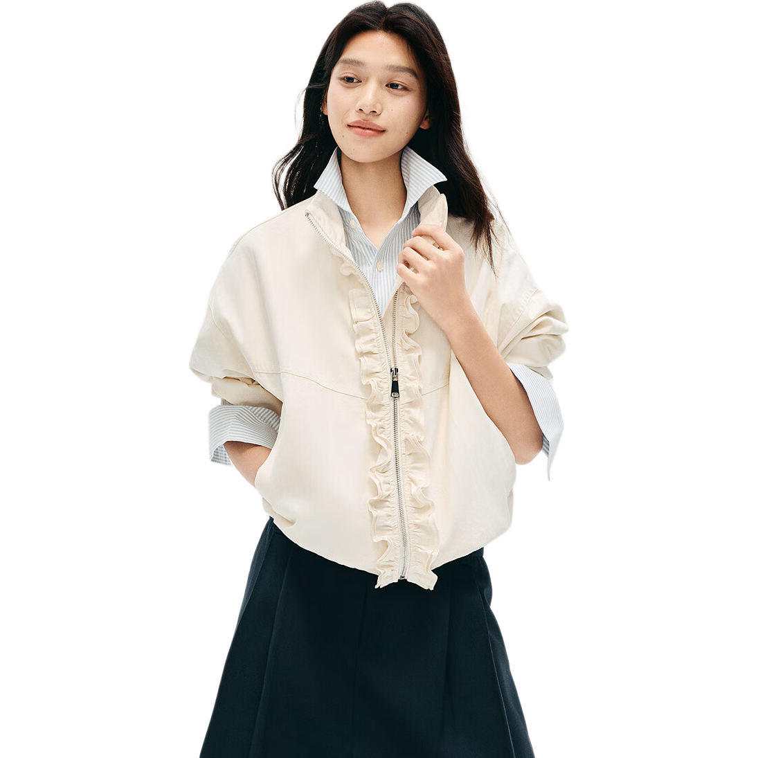 Semir Women's Autumn Jacket with Ruffle Trim, Loose-Fitting Textured White Coat 2025 Model 10A525108005