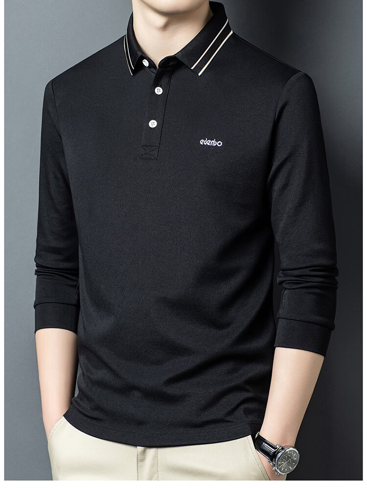 Edenbo Men's Long Sleeve Polo Shirt Cotton Mulberry Silk Black 185/100A (3XL) 16