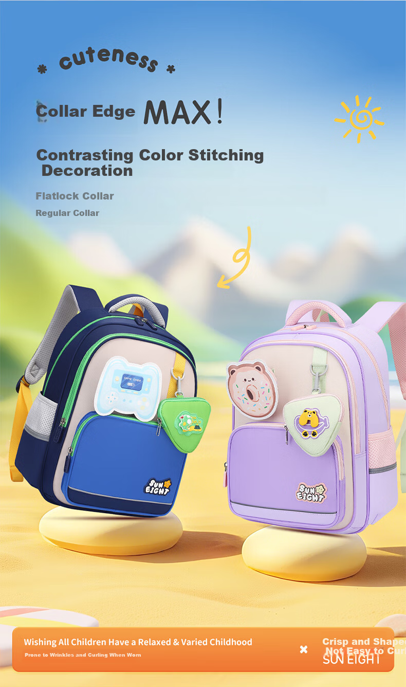 Sunshine 8 O'clock Primary School Backpack Children's School Bag Boys Girls Ergonomic Lightweight Grade 1-3-5 Stylish Double Shoulder Bag 6