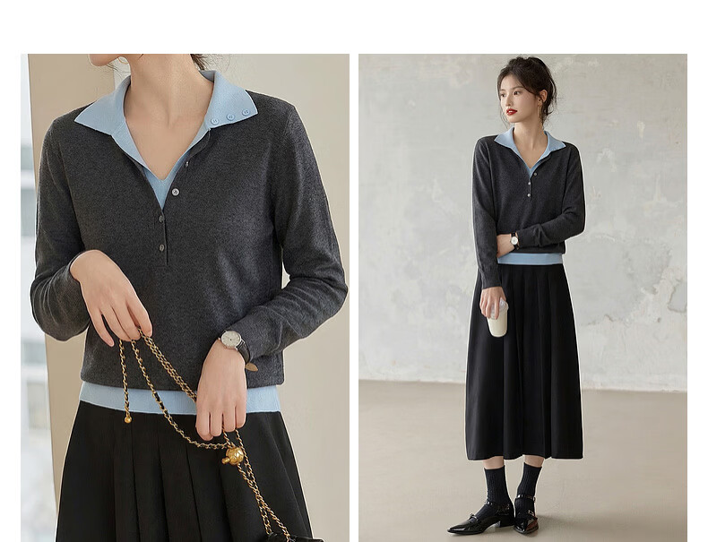 Demana Autumn Elegant Deep V Two-Piece Contrast Slimming Knit Sweater with Mulberry Silk and Wool for Women 8