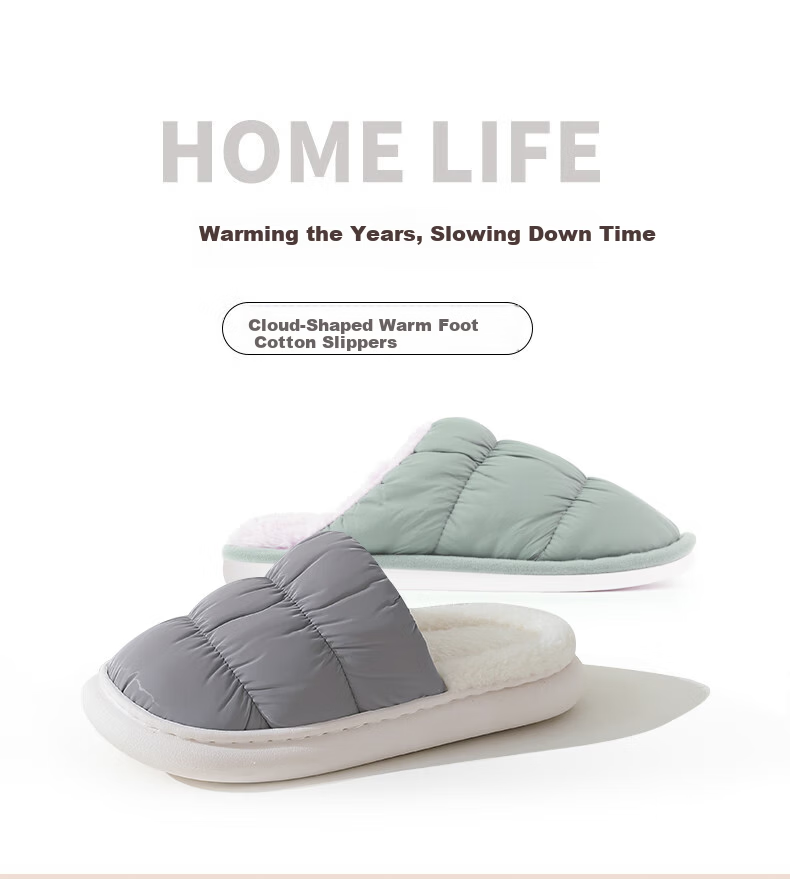 FOOTOPPO Women's Waterproof Down Cotton Slippers, Men's Simple Non-Slip Thick-Soled Warm Fleece Home Slippers for Winter 3