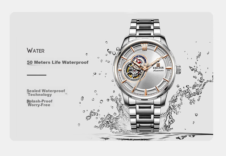 EBOHR Men's Skeleton Automatic Mechanical Watch Stainless Steel Band Authentic National Brand 24-Hour Dial New Year Gift 18