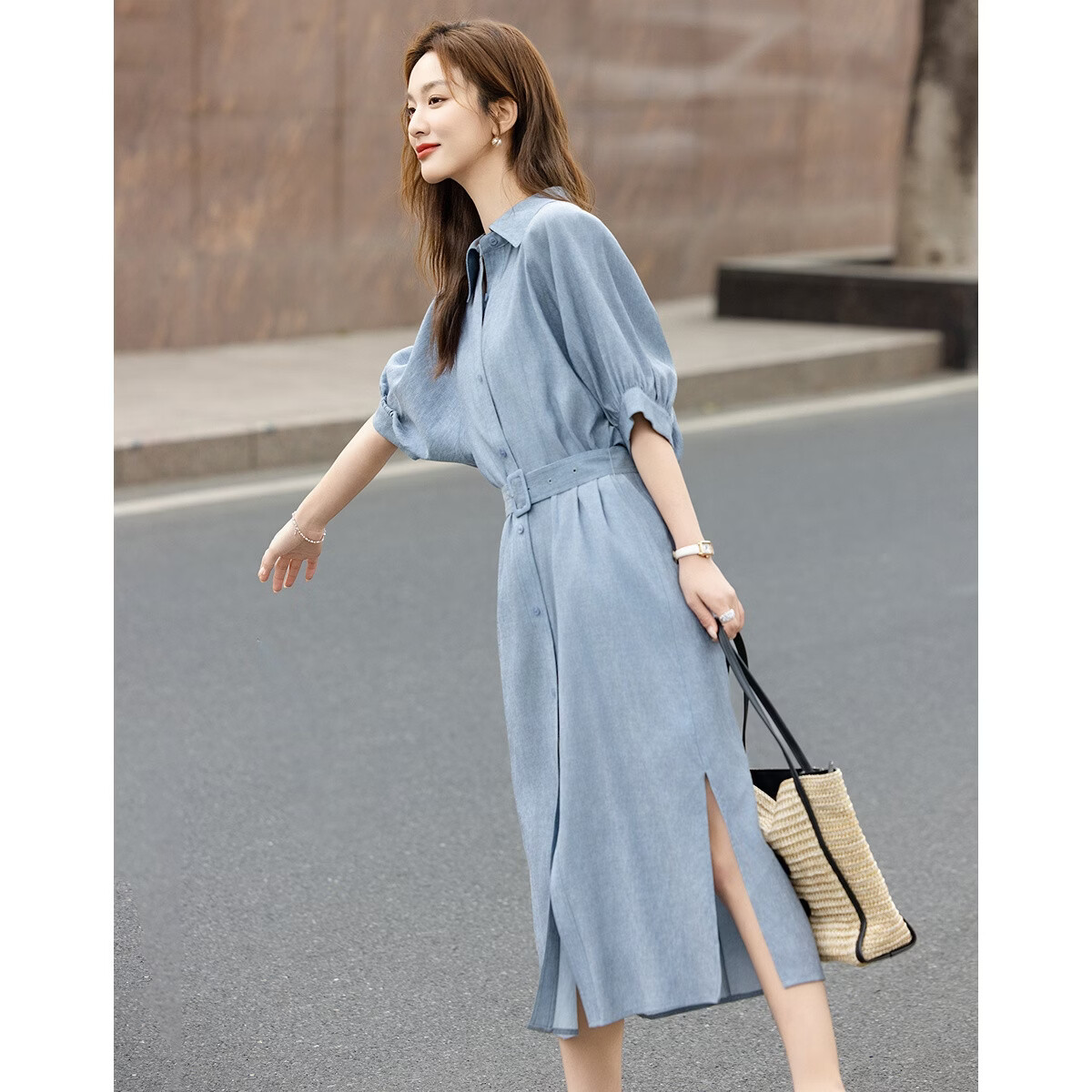 Demana [With Linen] Summer Simple Urban Lapel Mid-Sleeve Belted Loose Slimming Concealing Dress for Women High-End Feel