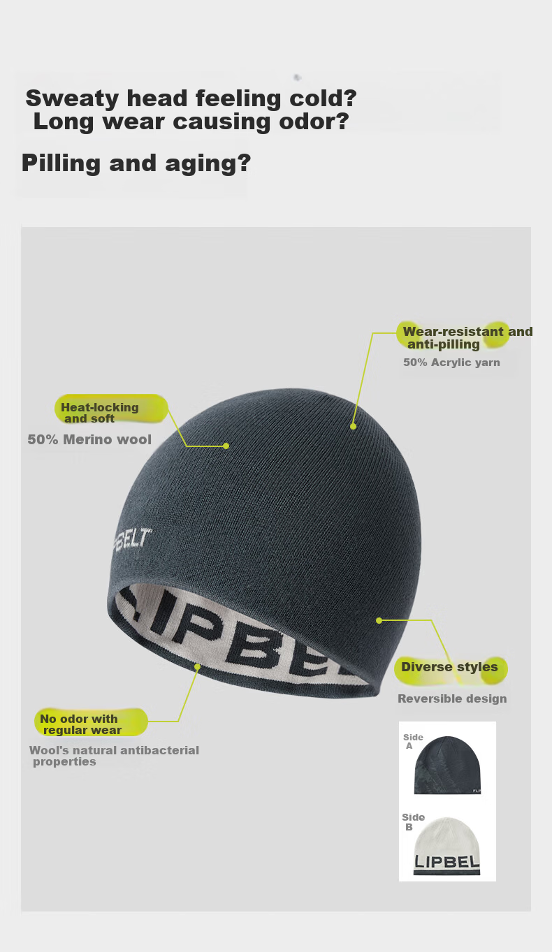 Feibit Merino Wool Hat Unisex Antibacterial Warm Knitted Sports Cap Anti-Pilling Ear Protection Cold Resistant Snow Pink 2