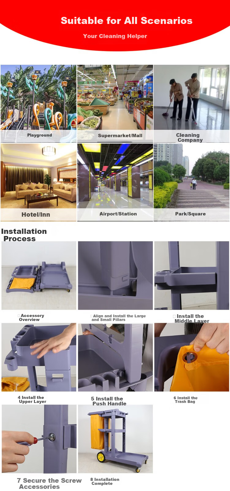 Studio Multi-Functional Cleaning Cart Janitorial Cart Property Mall Hotel Room Cleaning Cart Multi-Purpose Push Cart Gray 7