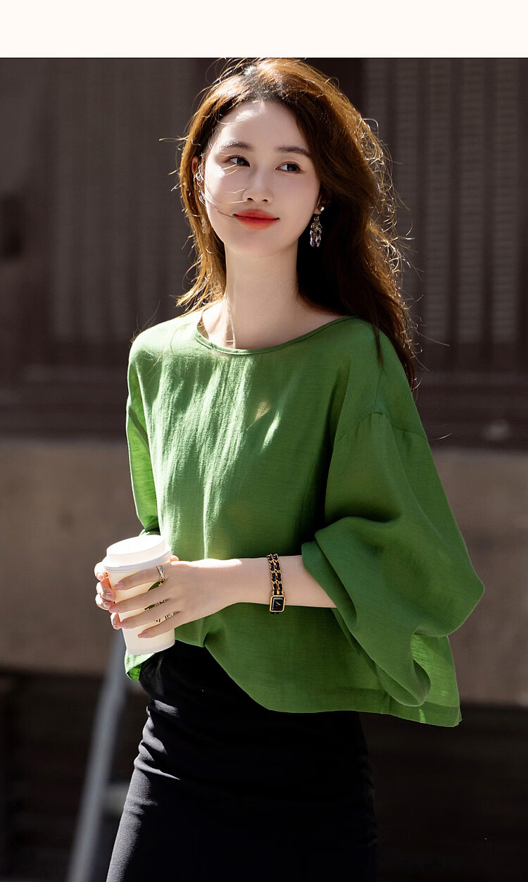 Demana [Shu Yang Pai] Spring and Autumn Acetate Linen Lyocell Blend Lantern Sleeve Straight Loose Shirt for Women 24