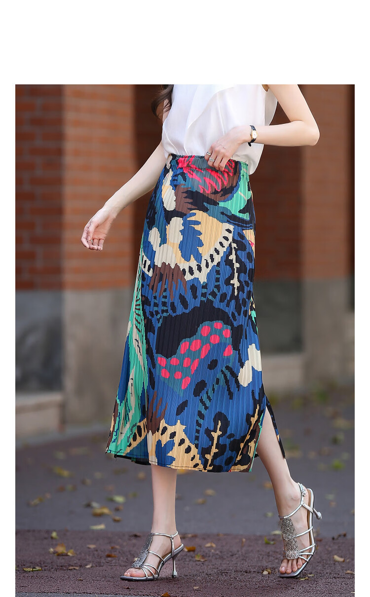Demana Arc Light Silhouette Spring Autumn Intellectual Style Elastic Waist Pleated Skirt Irregular Print Split Women's Midi Skirt 11