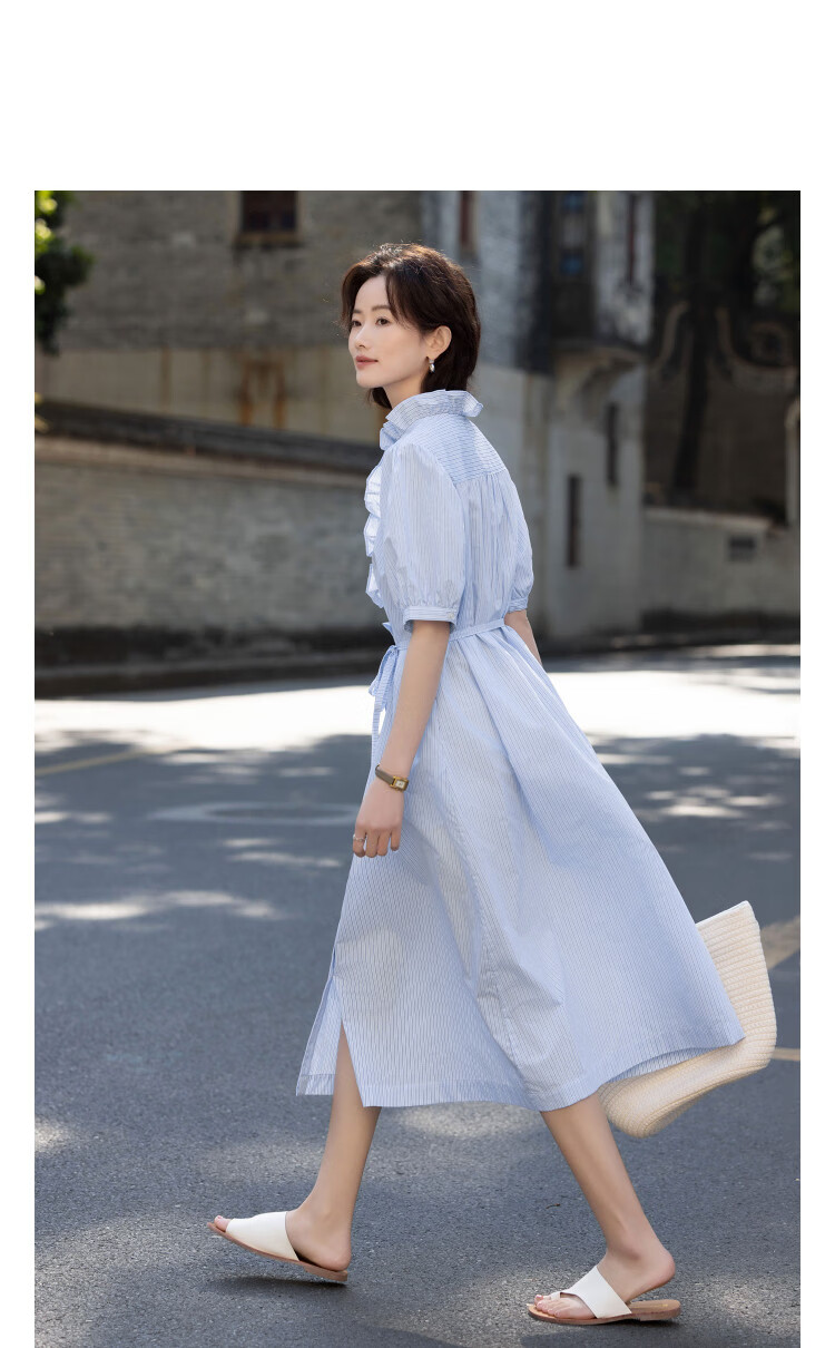 Demana French Romantic Summer Cloud Cotton Striped Ruffle Collar Waist-Slimming Dress for Women Premium Quality 11