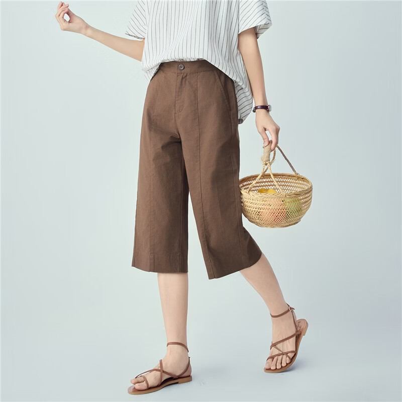 Giordano Women's Linen Pants 2026 Summer Cotton Linen Semi-Elastic Waist Seven-Point Straight Casual Trousers 13426315