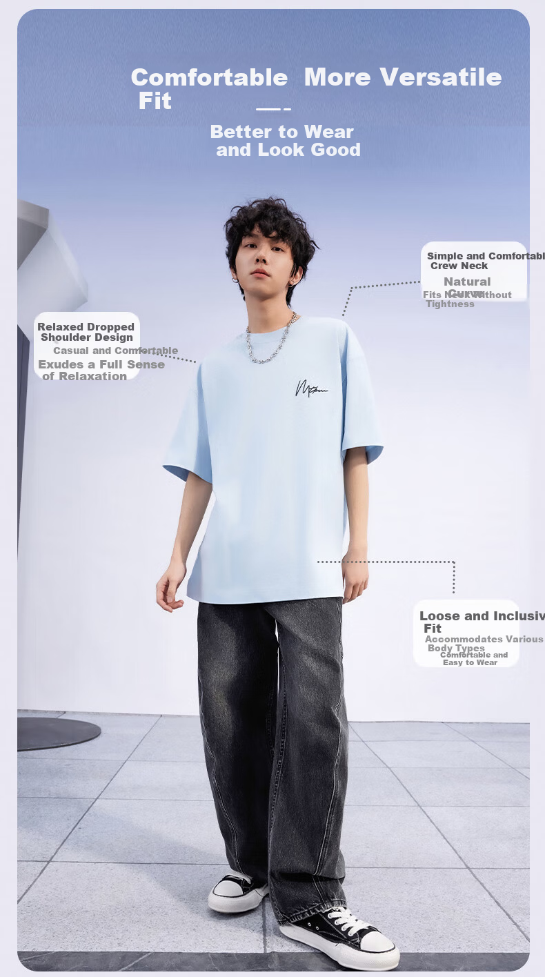 Metersbonwe Unisex Short Sleeve T-Shirt New Heavyweight Cotton Trendy Letter Print Tee Nebula Blue 2XL185/104B 2