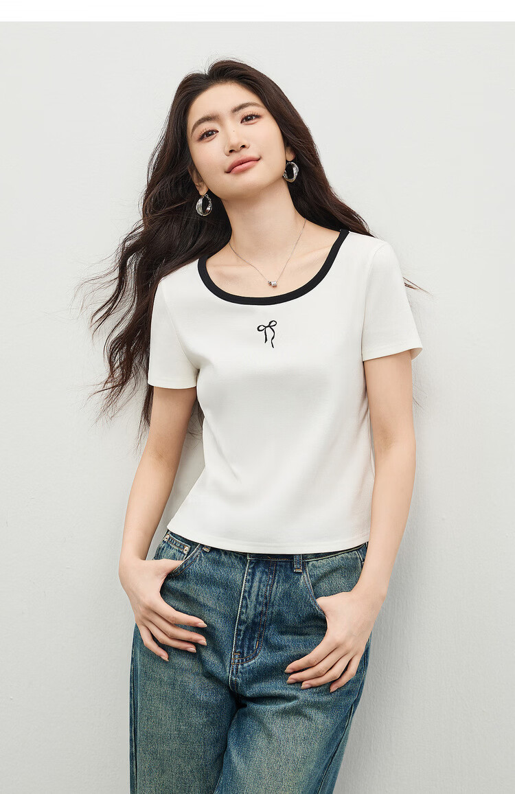 Shangdu Bila Colorblock U-Neck Cotton Blend T-Shirt Women Spring Bow Embroidery Stretch Knit Top Gentle Youthful Temperament Layering 14