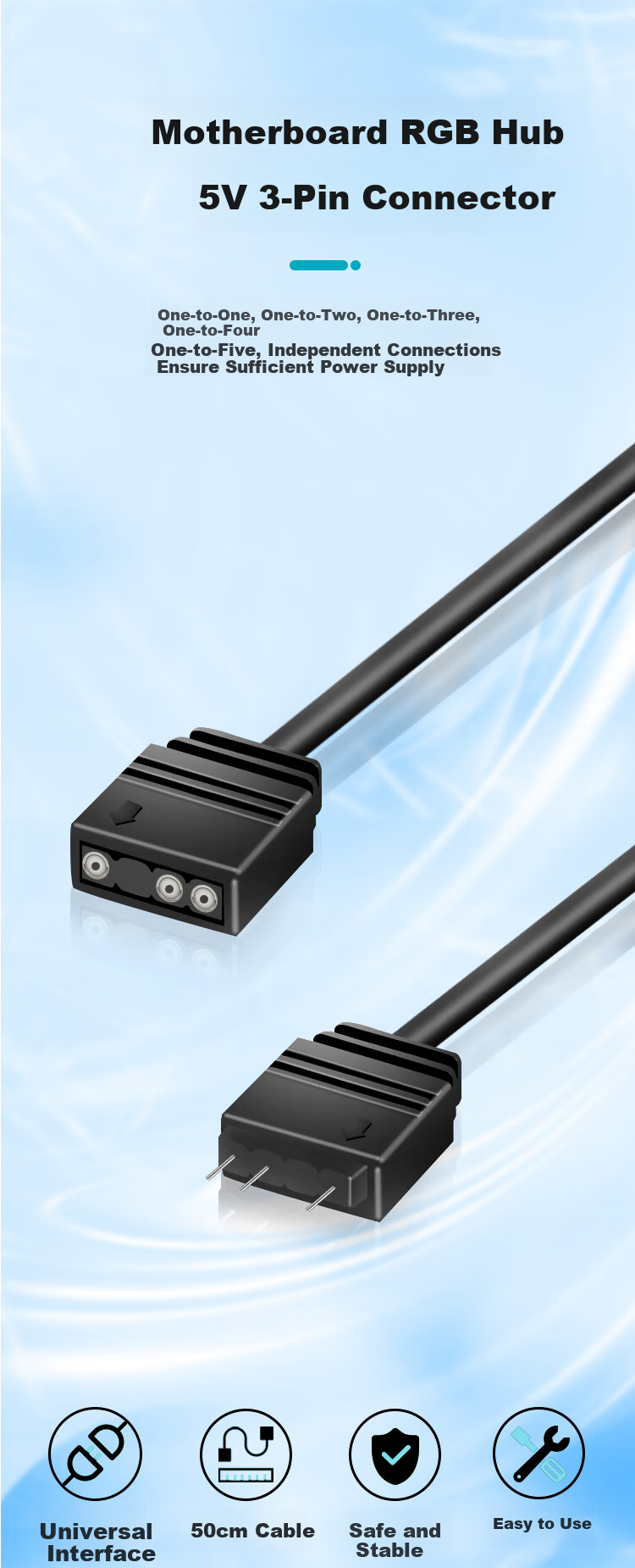 ZHENWEI Motherboard ARGB Hub 5V 3-Pin Interface Splitter Cable 50cm 1