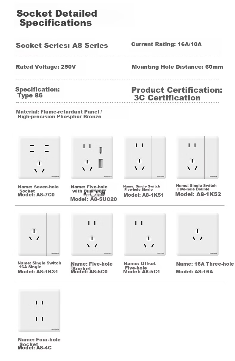 Honeywell Switch Socket Panel Four-Gang Single-Control 86-Type Ultra-Thin Frameless Skin-Friendly Wall Switch A8 Matte Black 20