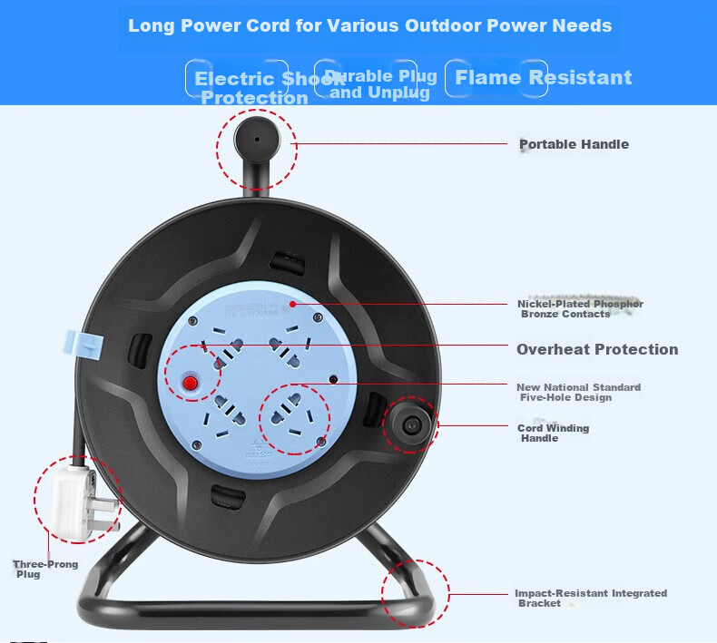 BULL GN-804D Four-Socket Five-Hole Retractable Extension Cord Reel with Overheat Protection 10A+16A High-Power Power Strip Mobile Cable Winder Empty Reel Without Cable 5