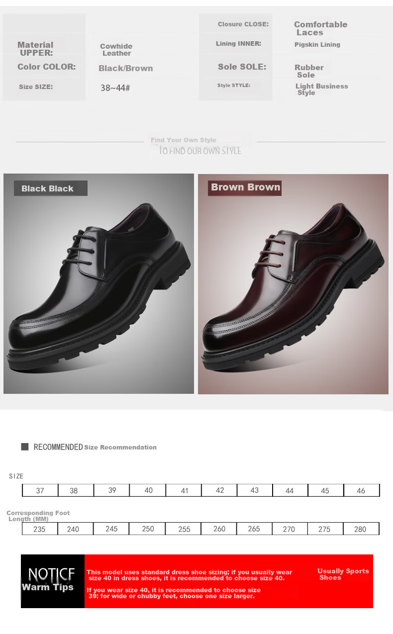 LAORENTOU Men's Leather Dress Shoes British Style Low-top Casual Soft First Layer Cowhide Lace-up Non-slip Round Toe Black 38 8
