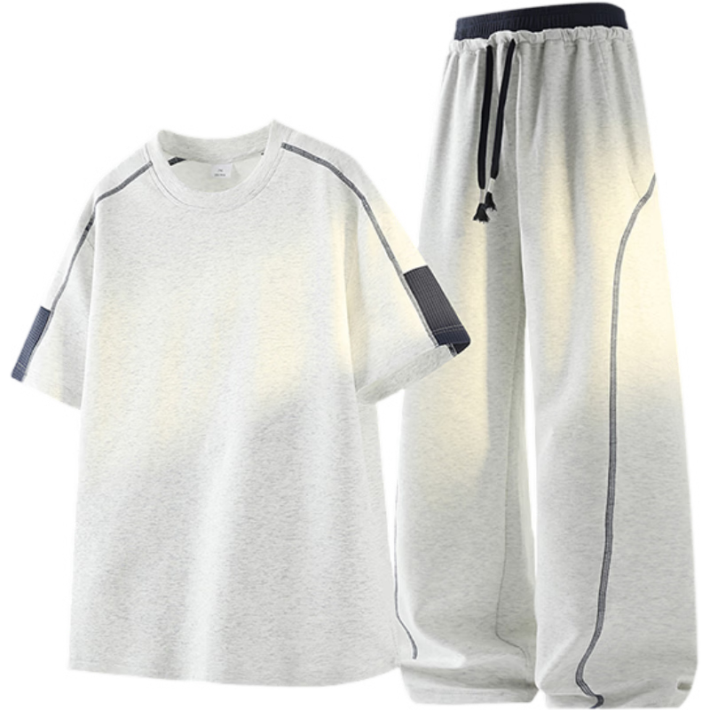Wassup Sohot Men's Summer Solid Color Crew Neck Short Sleeve T-Shirt and Loose Fit Sports Pants Two-Piece Set Light Heather Gray XL