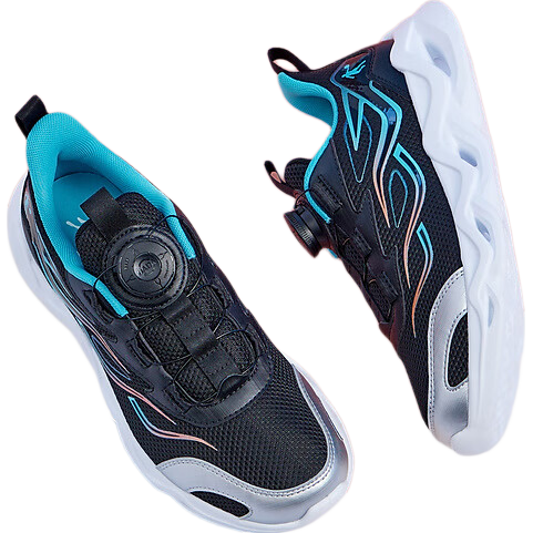 QIAODAN Boys Running Shoes Kids Spring Autumn Sports Shoes Children's Dial Buckle Black/Cloth Blue Size 37