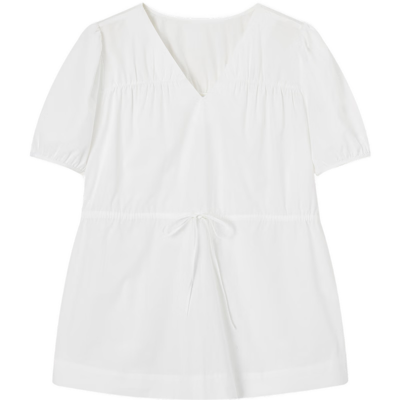 Demana Pure Cotton Light Life Summer Minimalist V-Neck Drawstring Shirt Loose Comfortable Short Sleeve Blouse Women's Top
