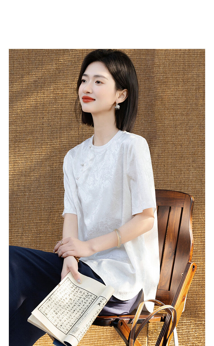 Demana Oriental Elegance Summer National Style New Chinese Satin Jacquard Frog Button Loose Slim Shirt for Women High-End Feel 4