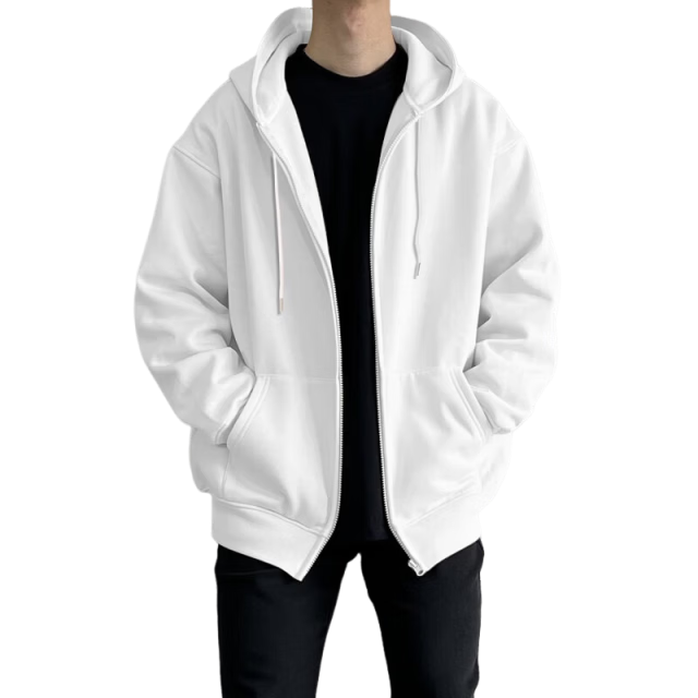 Homlean Hong Kong Style Hooded Jacket for Men, Spring Loose Cardigan Heavyweight Coat Top American Street Style HL06 White 2XL
