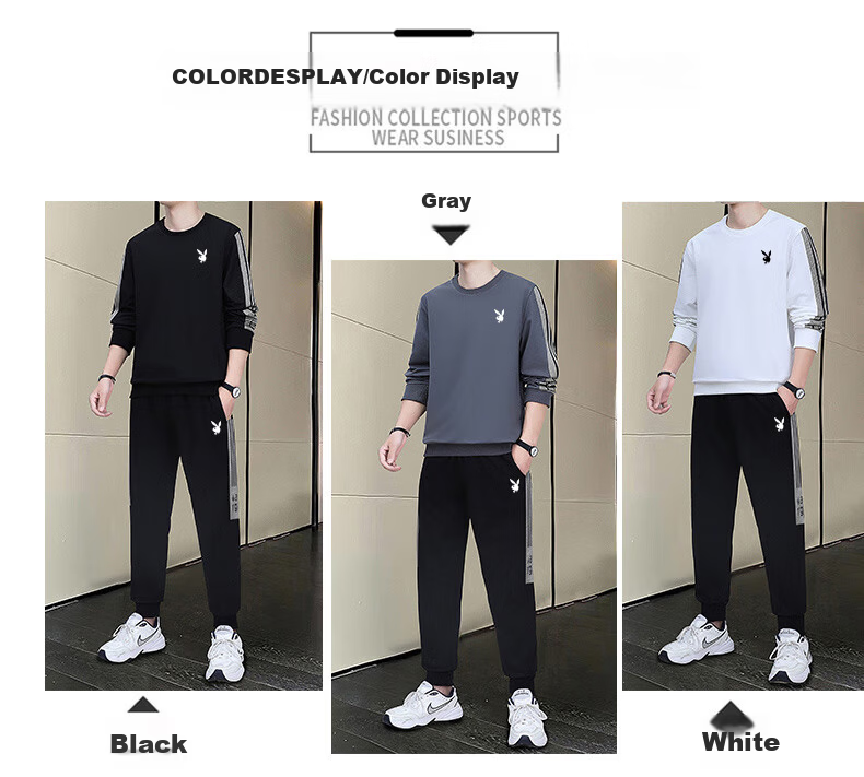 Playboy Men's Long Sleeve T-Shirt and Pants Set Spring Autumn Casual Sports Two-Piece Black L 8