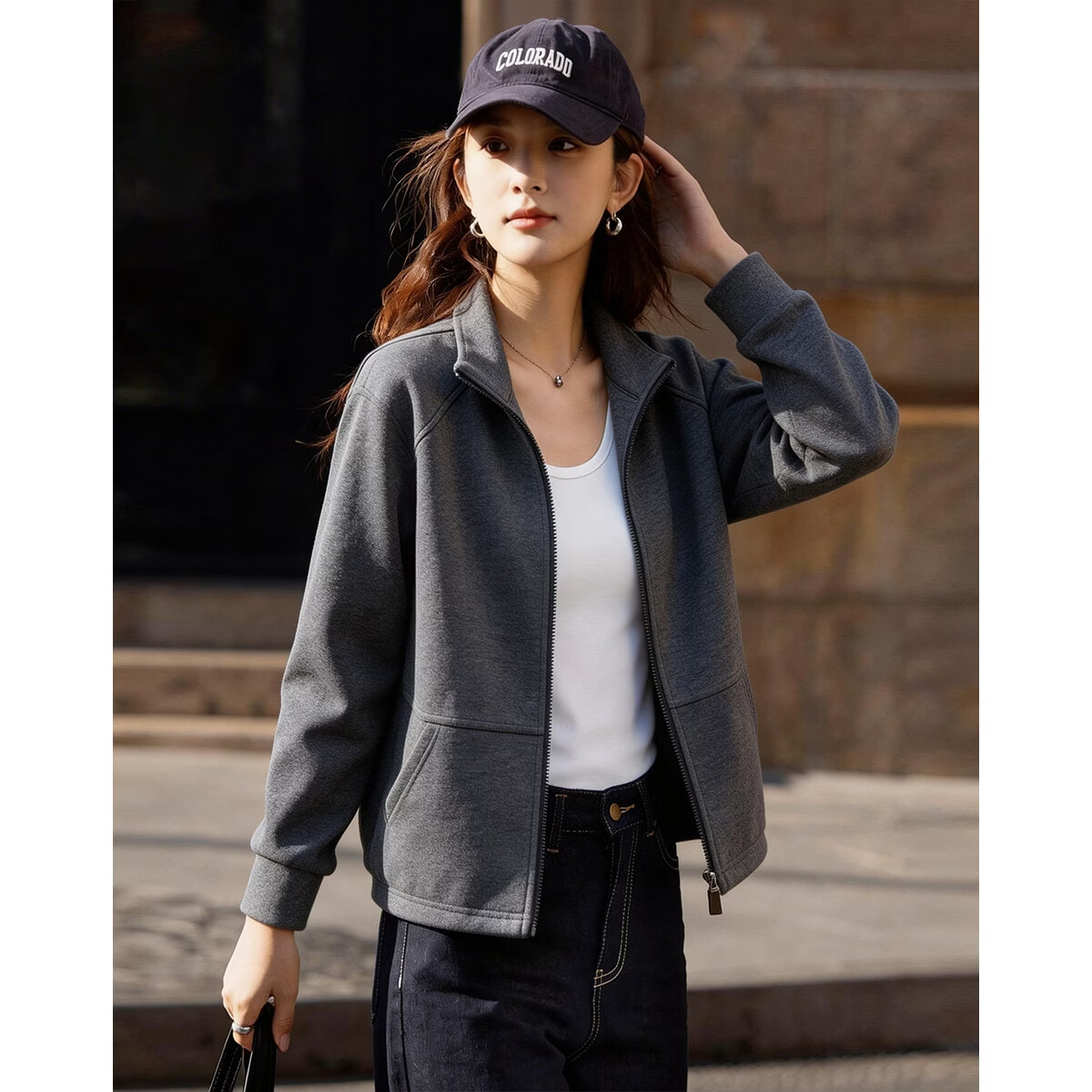 Demana [Active Urban] Autumn Relaxed Stand Collar Zipper Loop Decorative Cardigan Comfortable Casual Slimming Women's Jacket
